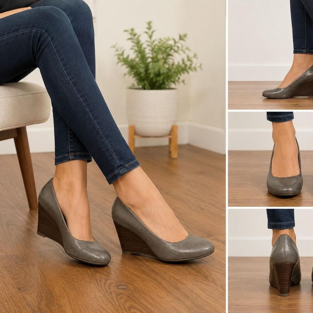 Clarks Artisan Gray Textured Wedge Pumps